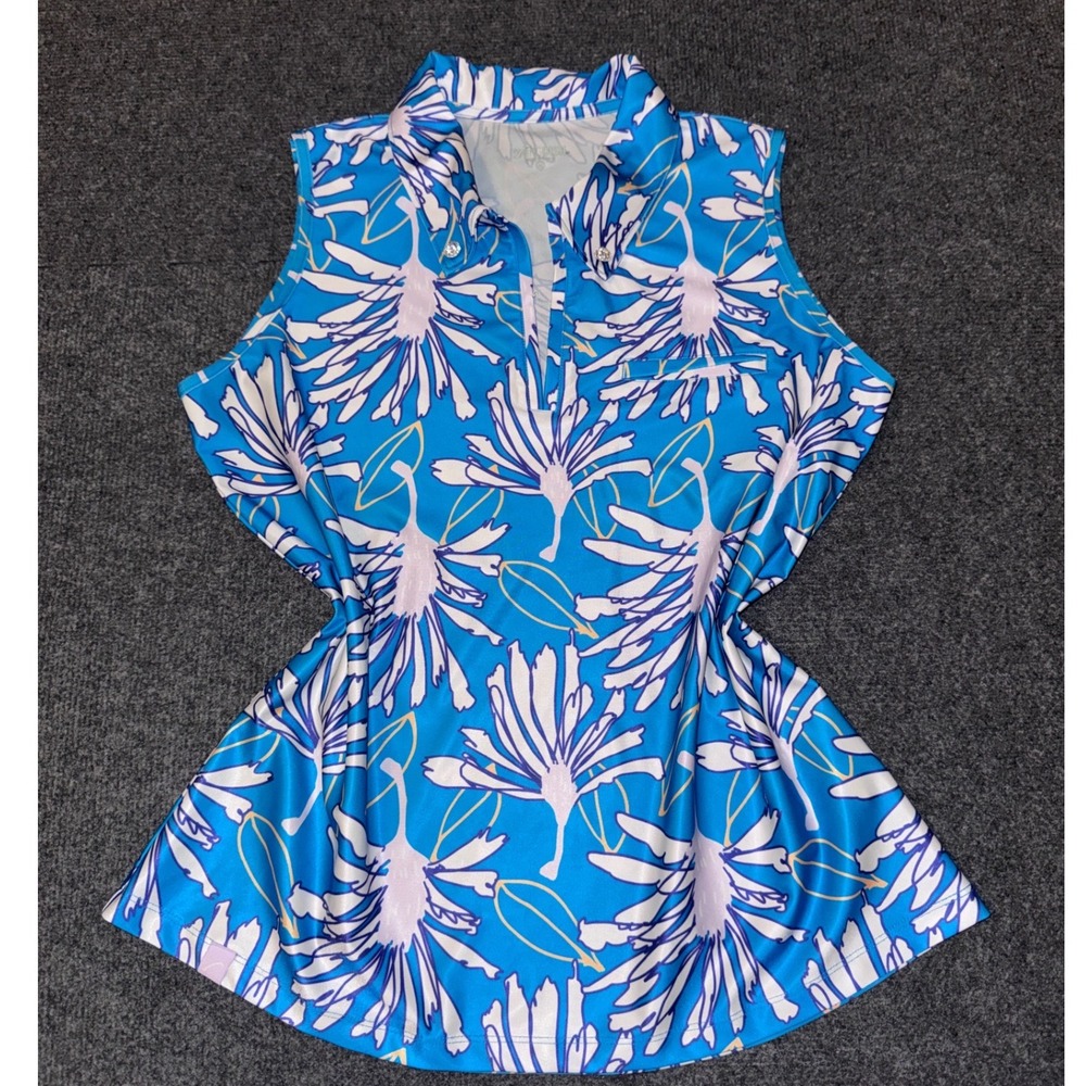 SwingDish Womens Blue Floral Sleeveless Golf Polo‎ Shirt WT045-21-1 Medium v3